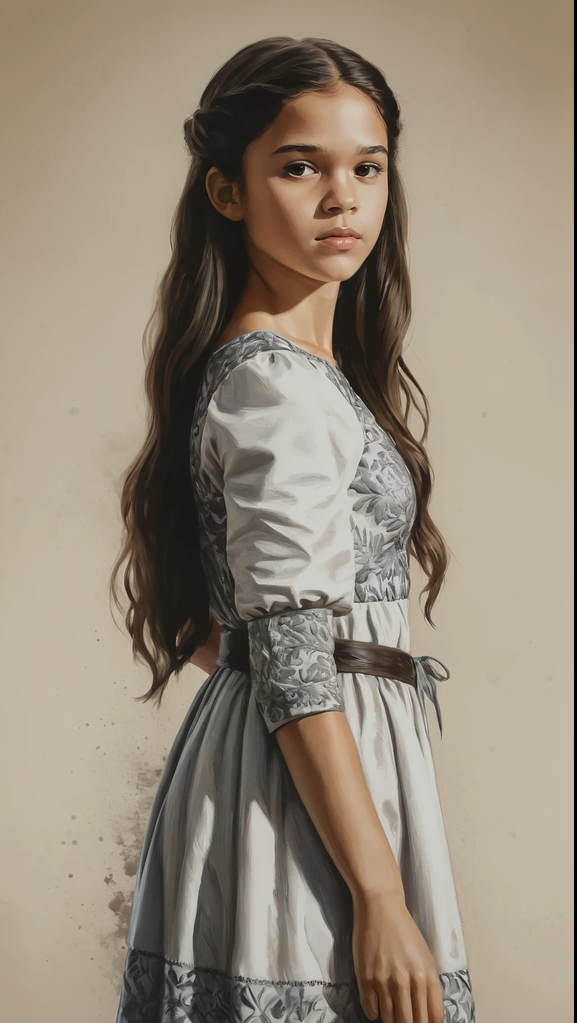 An illustrated movie poster, hand-drawn, full color, a young girl, wearing a black and white dress, warm brown complexion, dark hair, long loose hair, waist-length hair, posing on a pedestal, hard shadows, graphite shading, stencil marks, airbrushed acrylic paint, masterpiece, in the style of Game of Thrones