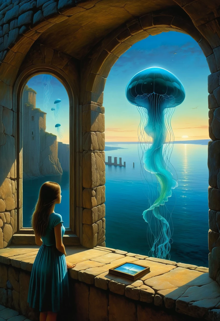 beautiful dark room，There is a big window, The scenery outside the window，Looking out from the window，Girl looking into the distance at the window，The Faceless Stone Woman on the Bridge，Handheld Light，Background with jellyfish, With the sky as a background, Brome&#39;s Art, Magic  artwork, super fine, Fantasy Art Surrealism Beksinski