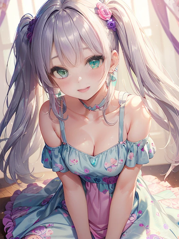 小さなgirl、The arrival of spring、big ass、 (alone:1.5,)Super detailed,bright colors, very beautiful detailed anime face and eyes, look straight, ;d, shiny_skin,girl, ((long silver hair,The inner color is red 、forehead is exposed.、green eyes、、shiny hair, delicate beautiful face, blush、(turquoise eyes), White skin, Valletta, earrings,、blue flower field、(((Pink ruffled dress with floral print、purple mini skirt)))、twin tails、smile、smile、Face dyed red