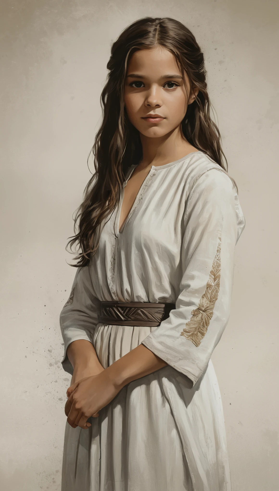 An illustrated movie poster, hand-drawn, full color, a young girl, wearing a white chiton, resembles Mathilde Lando, warm brown complexion, dark hair, long loose hair, waist-length hair, posing on a pedestal, hard shadows, graphite shading, stencil marks, airbrushed acrylic paint, masterpiece, in the style of Game of Thrones