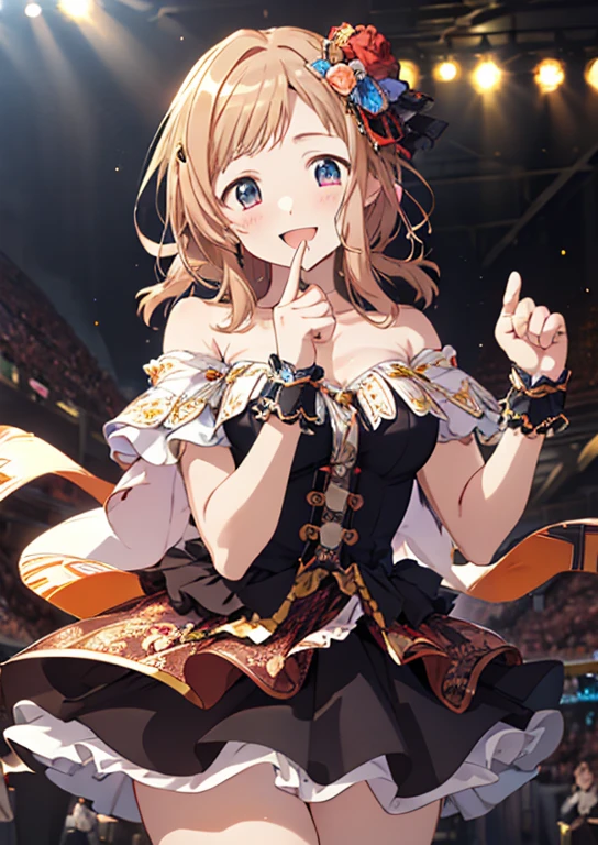 sakuragi hand  (Idol Master), (highest quality, 8K, masterpiece, Super detailed:1.2), (Lens flare, particles of light, shine), big breasts, smile, open your mouth, masterpiece, highest quality, Super detailed, High resolution, Very detailed CG, masterpiece, highest quality, Super detailed, High resolution, Very detailed CG, official art, idol costume, off shoulder,