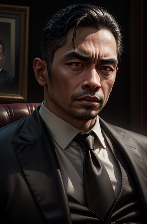 beautiful oil matte portrait painting, mafia boss at his 30s new york office desk, asian man, wonderful masterpiece highly detailed, beautiful cinematic light deep focus, elegant, digital painting, smooth, sharp focus, golden ratio, dramatic illumination, ultra realistic, 8k, art by jimmy law,CEO