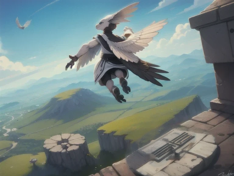 ((best quality)), ((chef-d&#39;artwork)), (detailed), back non-gendered human with wings, feathery wings, fly in the sky, floating on air, from the back, antro, avian, science-fiction, paysage