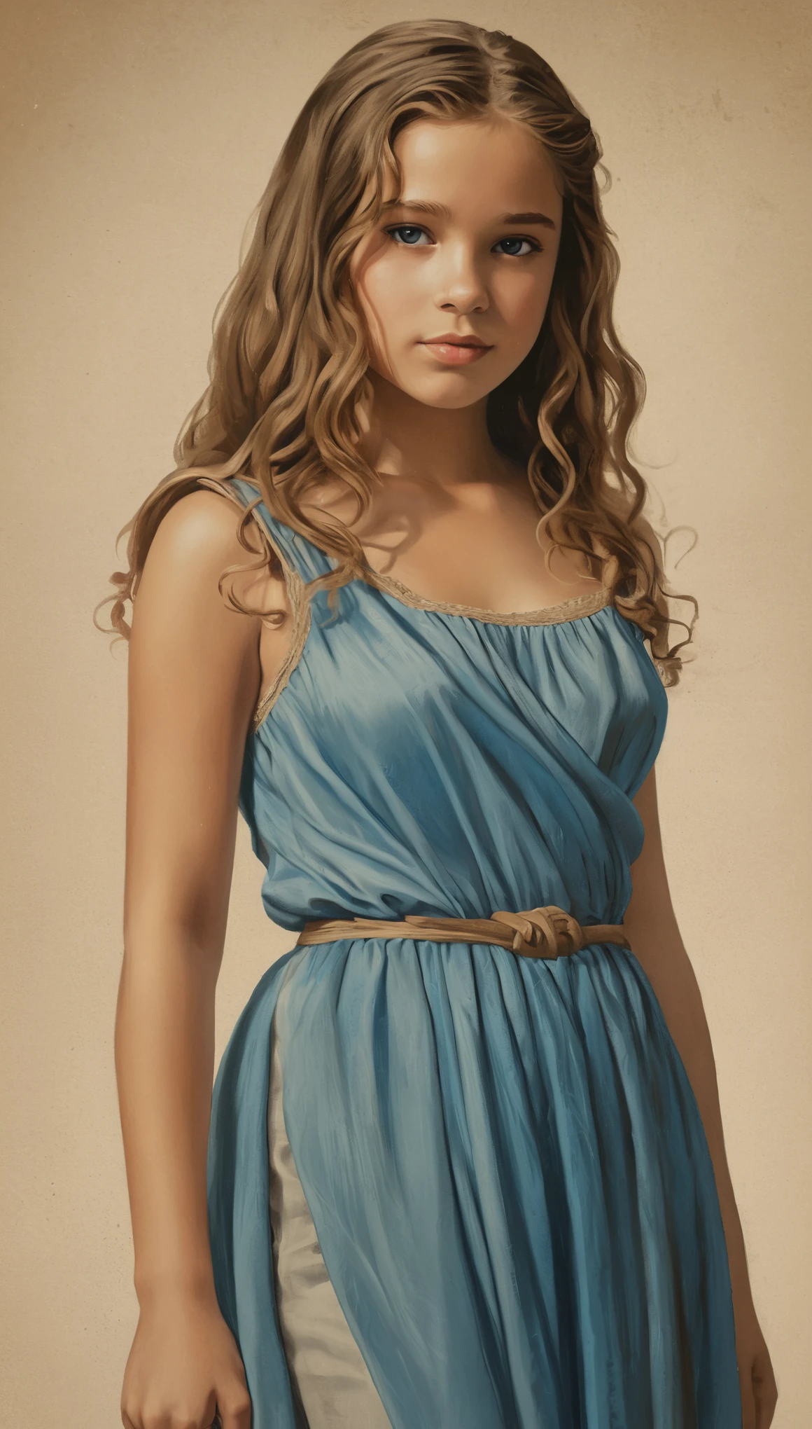 An illustrated movie poster, hand-drawn, full color, a young girl, wearing a chiton, resembles Mathilde Lando, warm brown complexion, azure blue eyes, sandy brown hair, long loose curls, waist-length hair, posing on a pedestal, hard shadows, graphite shading, stencil marks, airbrushed acrylic paint, masterpiece, in the style of Game of Thrones