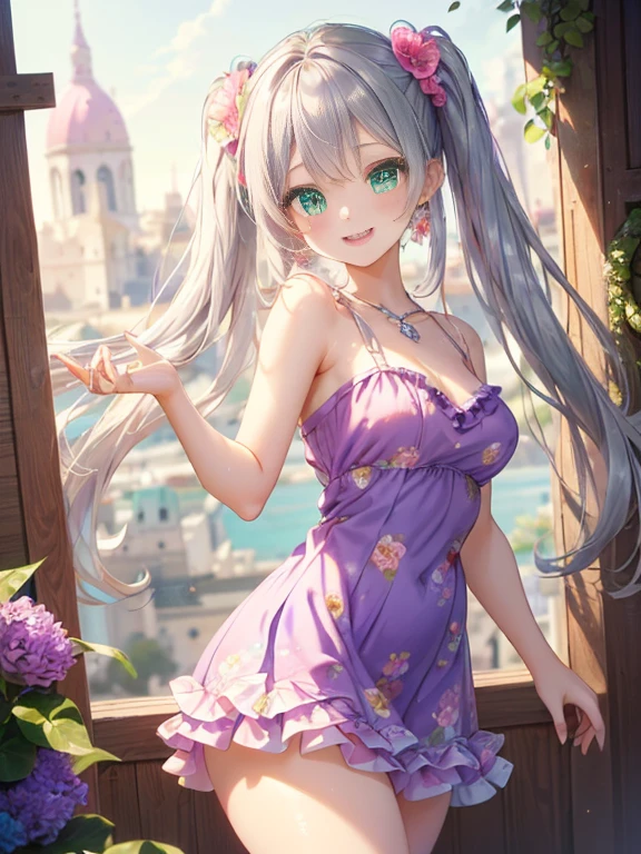 小さなgirl、thick thighs、The arrival of spring、big ass、 (alone:1.5,)Super detailed,bright colors, very beautiful detailed anime face and eyes, look straight, ;d, shiny_skin,girl, ((long silver hair,The inner color is red 、forehead is exposed.、green eyes、、shiny hair, delicate beautiful face, blush、(turquoise eyes), White skin, Valletta, earrings,、blue flower field、(((Pink ruffled dress with floral print、purple mini skirt)))、twin tails、smile、smile、Face dyed red