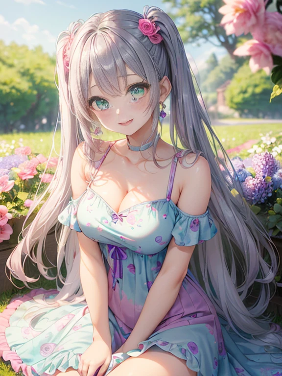 小さなgirl、thick thighs、The arrival of spring、big ass、 (alone:1.5,)Super detailed,bright colors, very beautiful detailed anime face and eyes, look straight, ;d, shiny_skin,girl, ((long silver hair,The inner color is red 、forehead is exposed.、green eyes、、shiny hair, delicate beautiful face, blush、(turquoise eyes), White skin, Valletta, earrings,、blue flower field、(((Pink ruffled dress with floral print、purple mini skirt)))、twin tails、smile、smile、Face dyed red