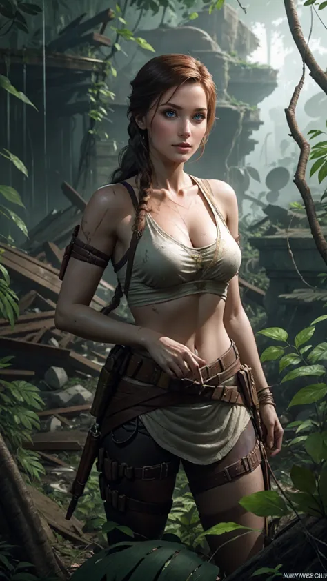 Lara Croft from Tomb Raider、In ruins buried in the jungle