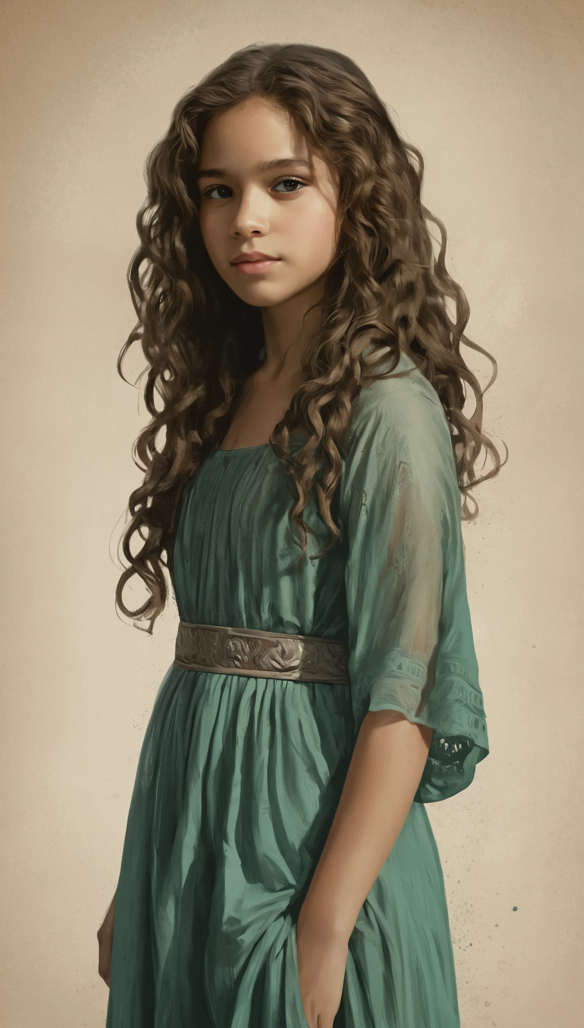 An illustrated movie poster, hand-drawn, full color, a young girl, wearing a chiton, resembles Mathilde Lando, warm brown complexion, jade green eyes, ashy hair, long loose curls, waist-length hair, posing on a pedestal, hard shadows, graphite shading, stencil marks, airbrushed acrylic paint, masterpiece, in the style of Game of Thrones