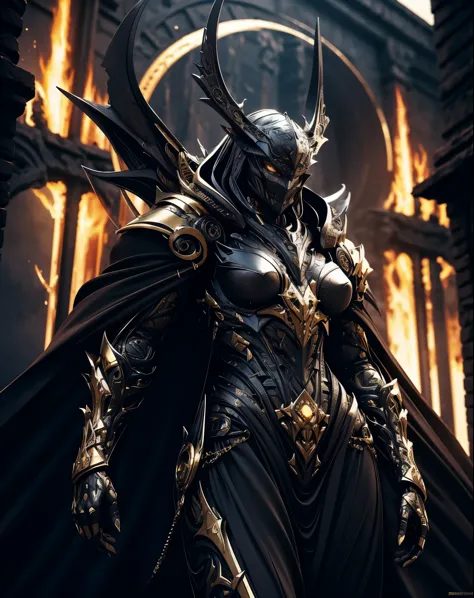skyrim art, fantasy art, fantasy illustration, Beautiful woman,A powerful and fearsome dark knight, Vengeance Demon, Full-faced ...