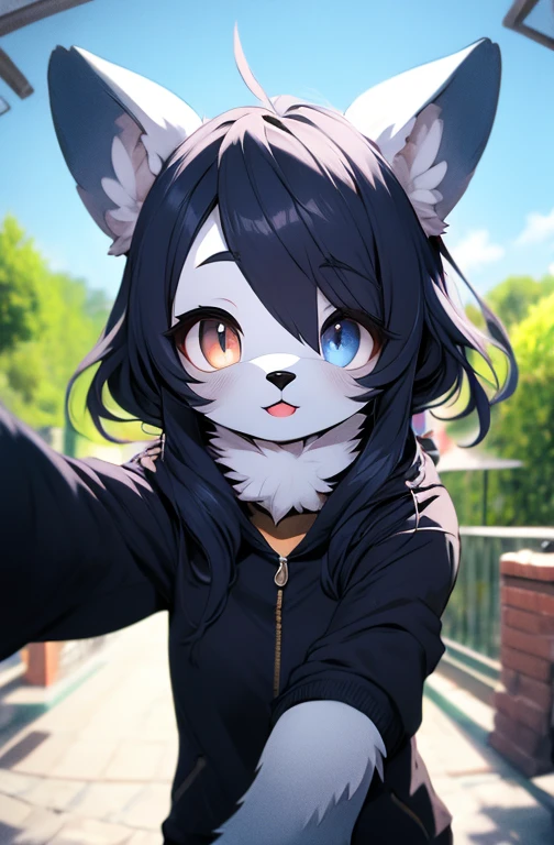black hair, bobbles, grin, long eyeslashes, solid circle eyes, fake animal ears, light smile, ear blush, Canine, surrealism, drop shadow, anaglifo, stereogram, tachi-e, throw, atmosphric perspective, 8k, super detail, ccurate, Best Quality, furry catgirl
