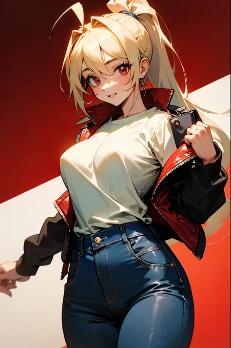 17 year old girl、blonde ponytail、Ahoge、big round red eyes、Beautiful woman、perfect style、white t-shirt、red leather rider jacket、b...