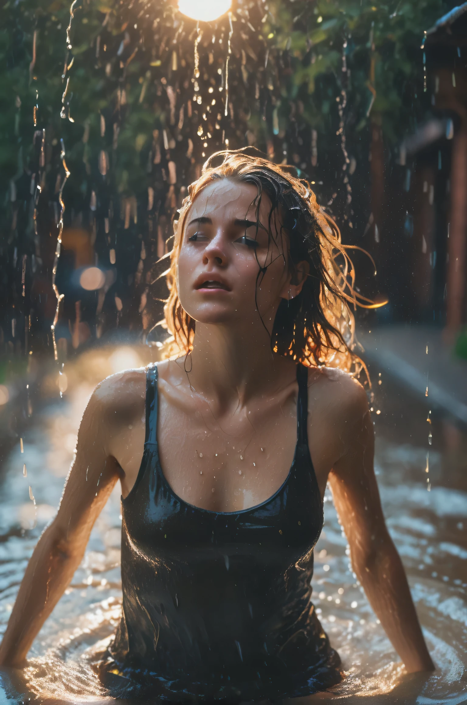 A woman in a wetsuit sitting in a puddle of water - SeaArt AI