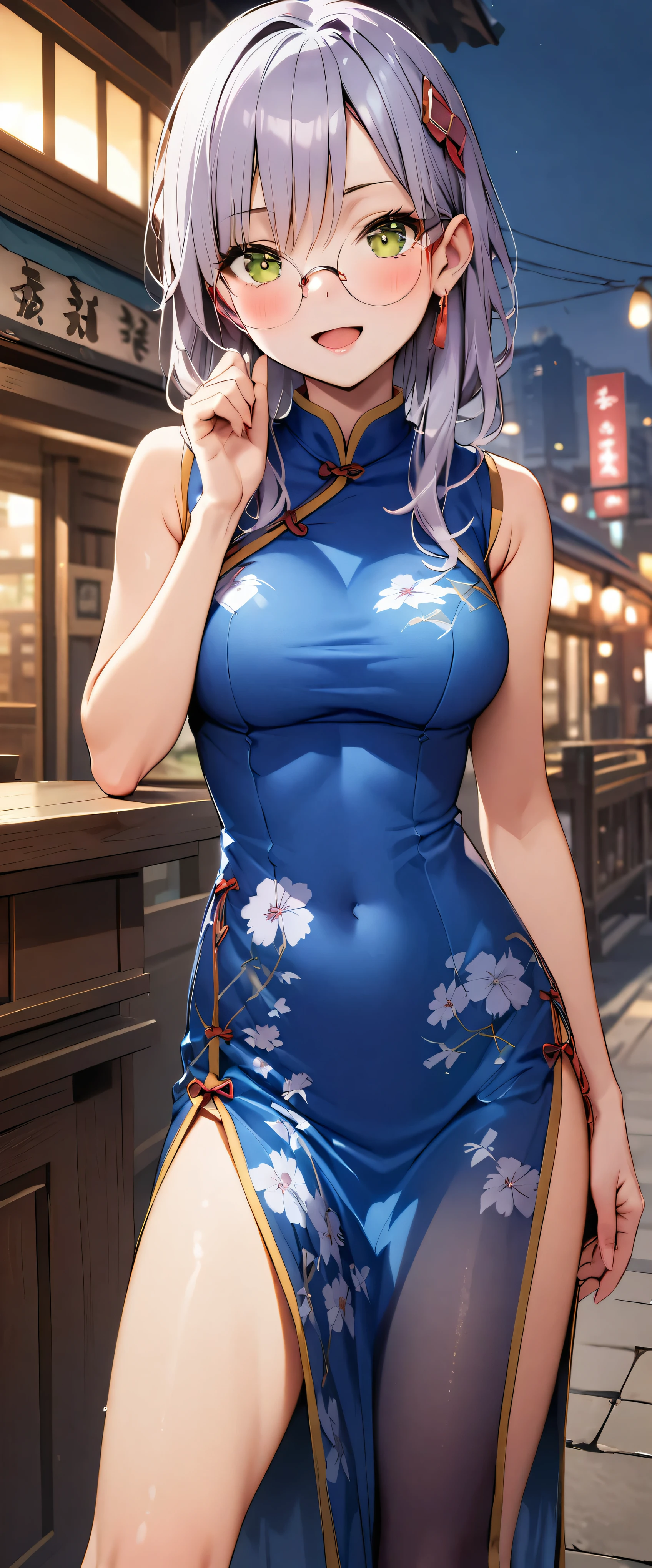 woman,20-year-old,city,(((See-through cheongsam))),,open mouth smile(()),blush、,((turn around and look back))()Reflecting the buttocks,glasses