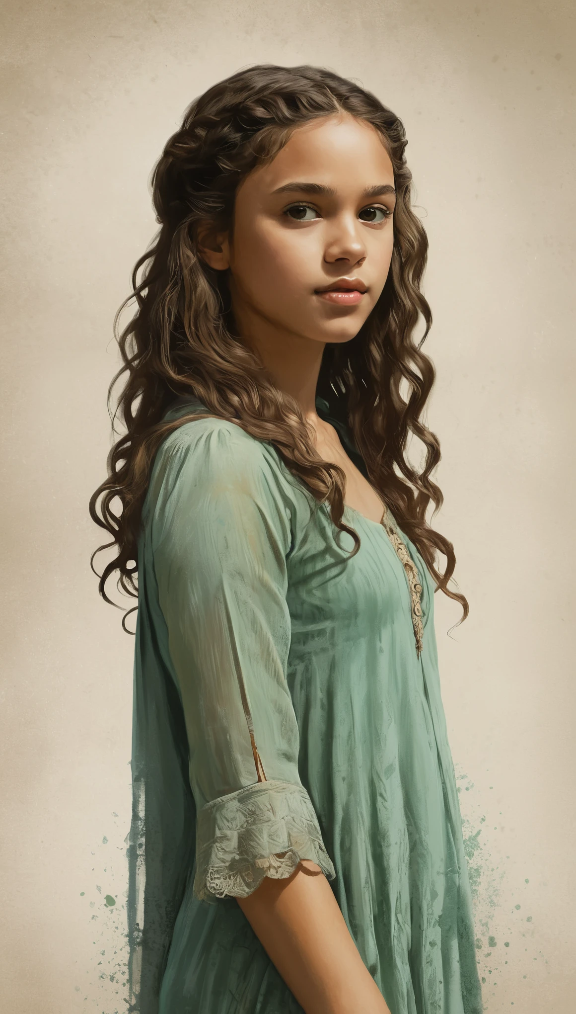 An illustrated movie poster, hand-drawn, full color, a young girl, wearing a chiton, resembles Mathilde Lando, warm brown complexion, jade green eyes, ashy hair, long loose curls, waist-length hair, posing on a pedestal, hard shadows, graphite shading, stencil marks, airbrushed acrylic paint, masterpiece, in the style of Game of Thrones