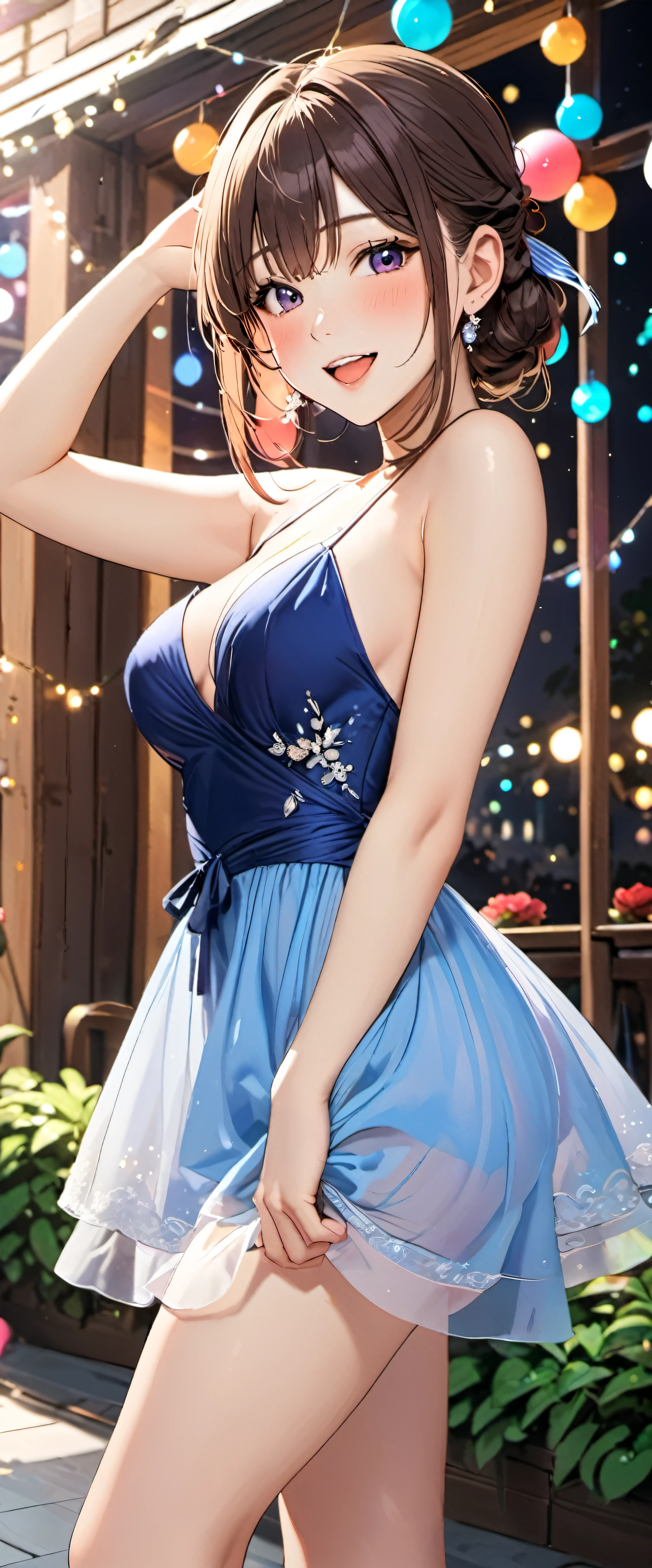 Anime girl in blue dress posing in front of a building - SeaArt AI