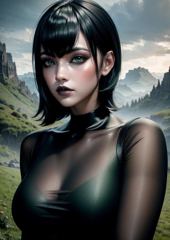 Cute girl gothic makeup eyeliner voluminous lips upturned nose short black hair with bangs high resolution perfect detailed green mountainous landscape photography cgi 