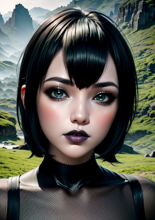 Chica linda con maquillaje gótico, delineador de ojos, labios voluminosos, nariz respingona, cabello negro corto con flequillo, fotografía de paisaje montañoso verde de alta resolución, cgi perfecto y detallado 