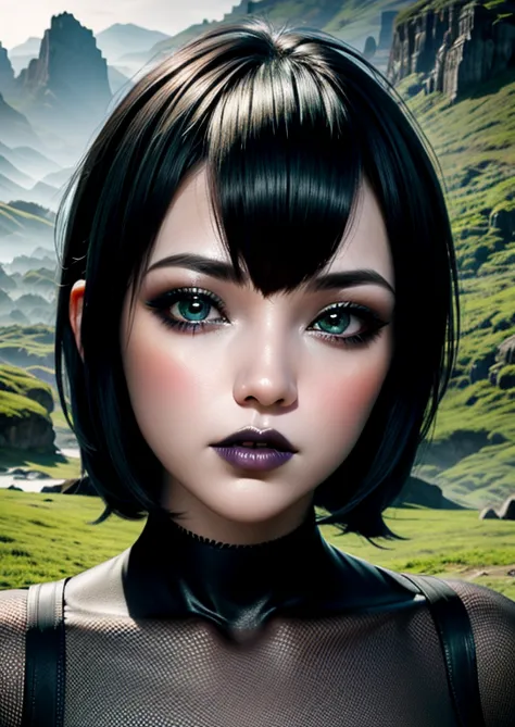 Cute girl gothic makeup eyeliner voluminous lips upturned nose short black hair with bangs high resolution perfect detailed gree...