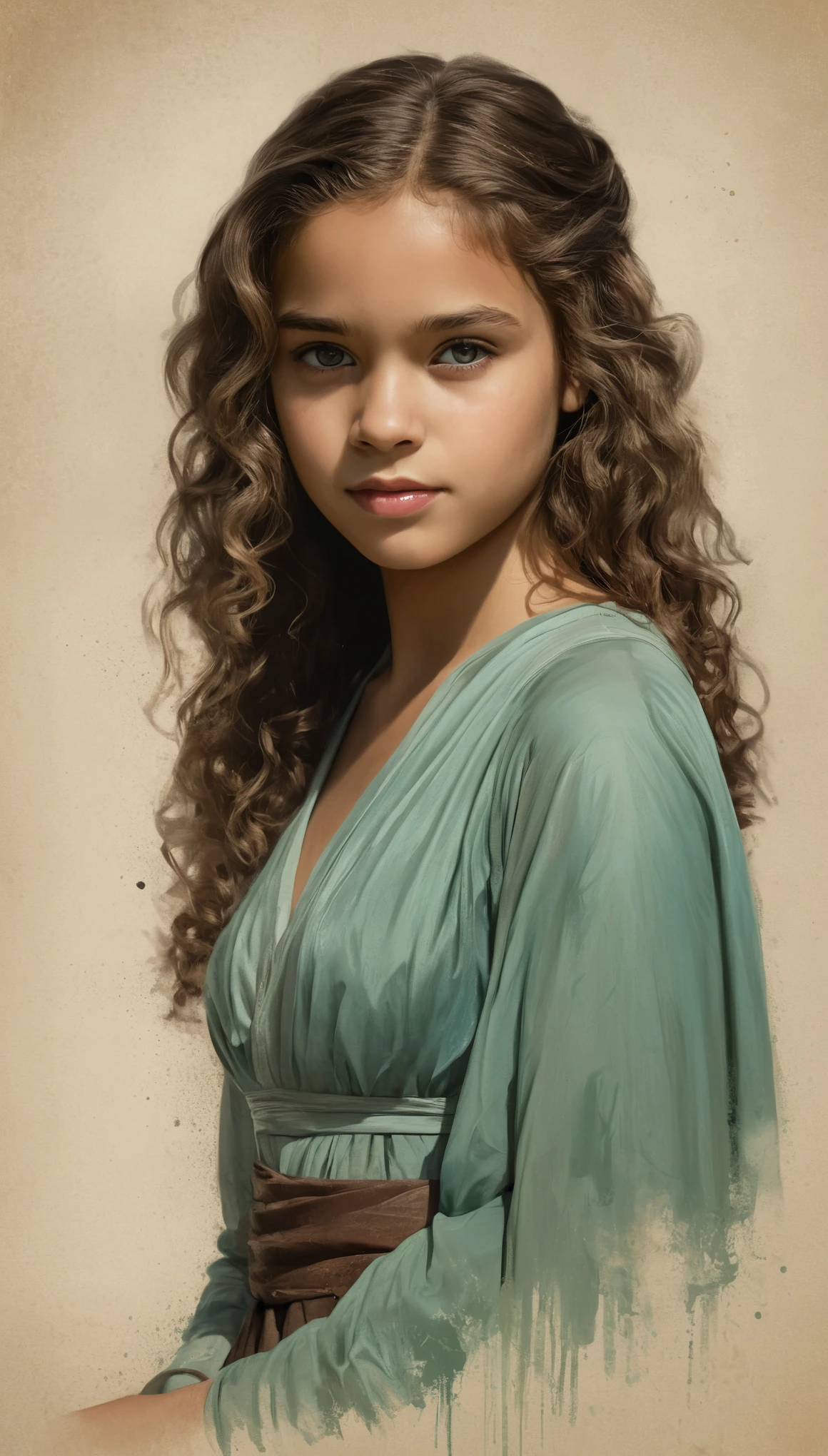 An illustrated movie poster, hand-drawn, full color, a young girl, wearing a chiton, resembles Mathilde Lando, warm brown complexion, jade green eyes, ashy hair, long loose curls, waist-length hair, posing on a pedestal, hard shadows, graphite shading, stencil marks, airbrushed acrylic paint, masterpiece, in the style of Game of Thrones