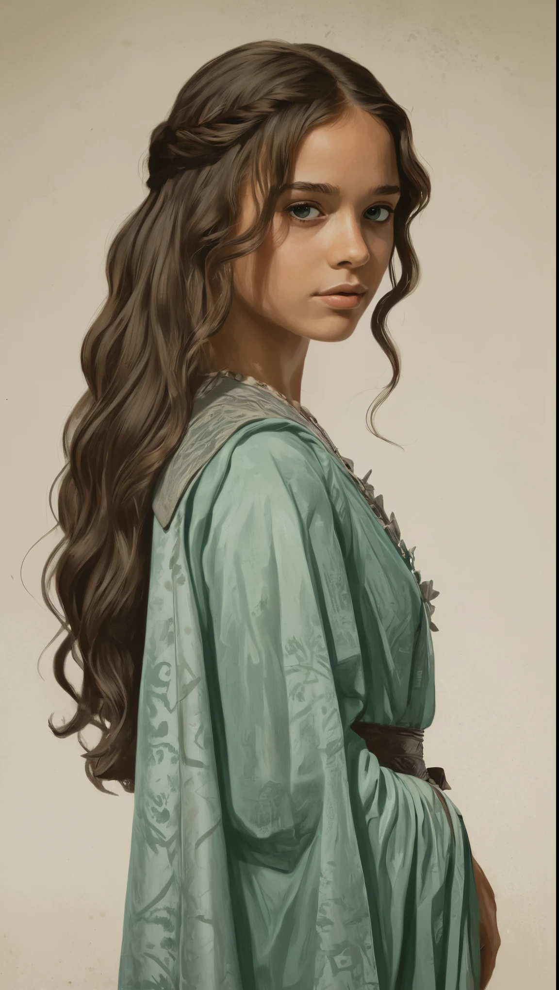 An illustrated movie poster, hand-drawn, full color, a young girl, wearing a chiton, resembles Mathilde Lando, warm brown complexion, jade green eyes, ashy hair, long loose curls, waist-length hair, posing on a pedestal, hard shadows, graphite shading, stencil marks, airbrushed acrylic paint, masterpiece, in the style of Game of Thrones