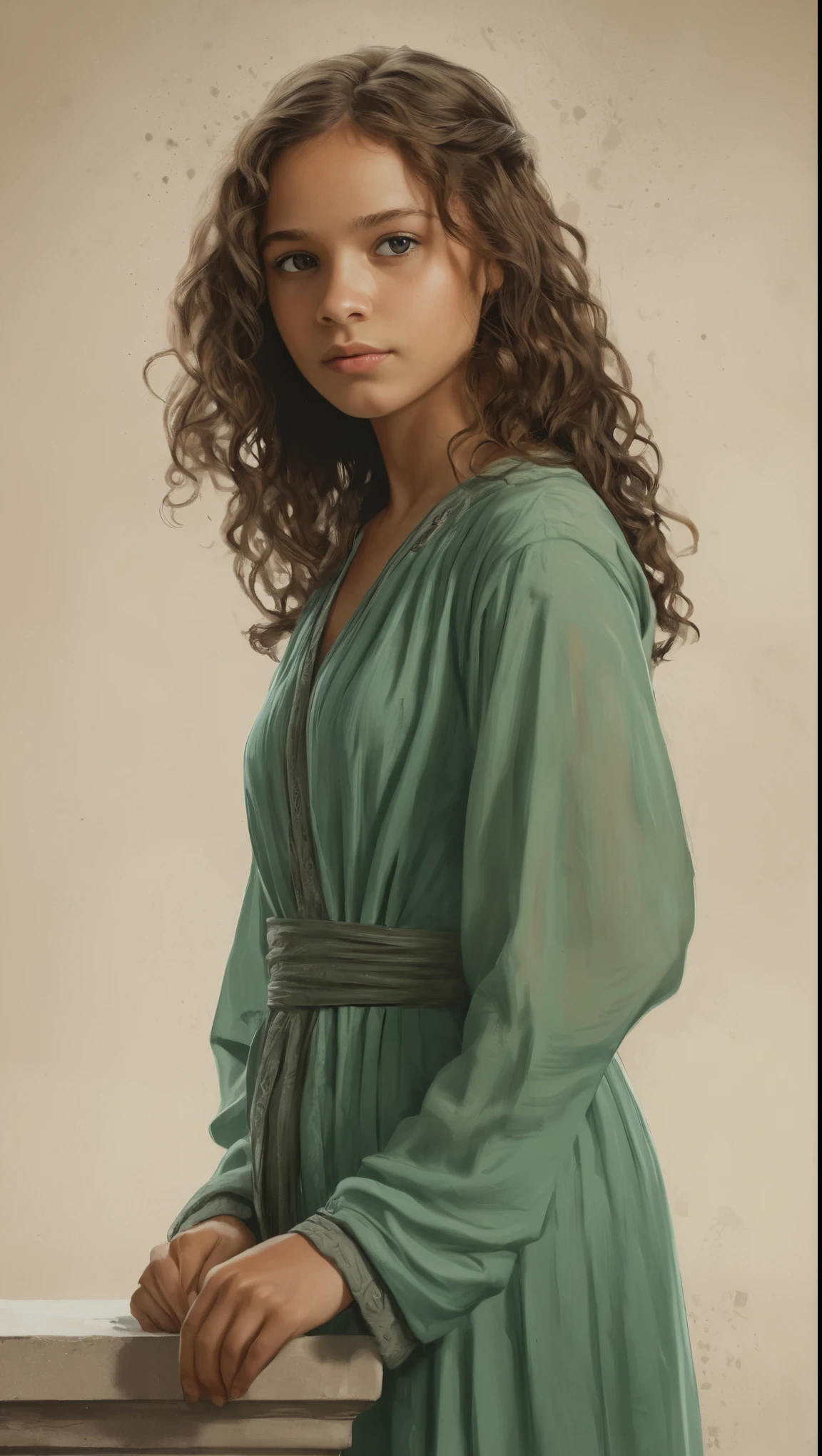 An illustrated movie poster, hand-drawn, full color, a young girl, wearing a chiton, resembles Mathilde Lando, warm brown complexion, jade green eyes, ashy hair, long loose curls, waist-length hair, posing on a pedestal, hard shadows, graphite shading, stencil marks, airbrushed acrylic paint, masterpiece, in the style of Game of Thrones