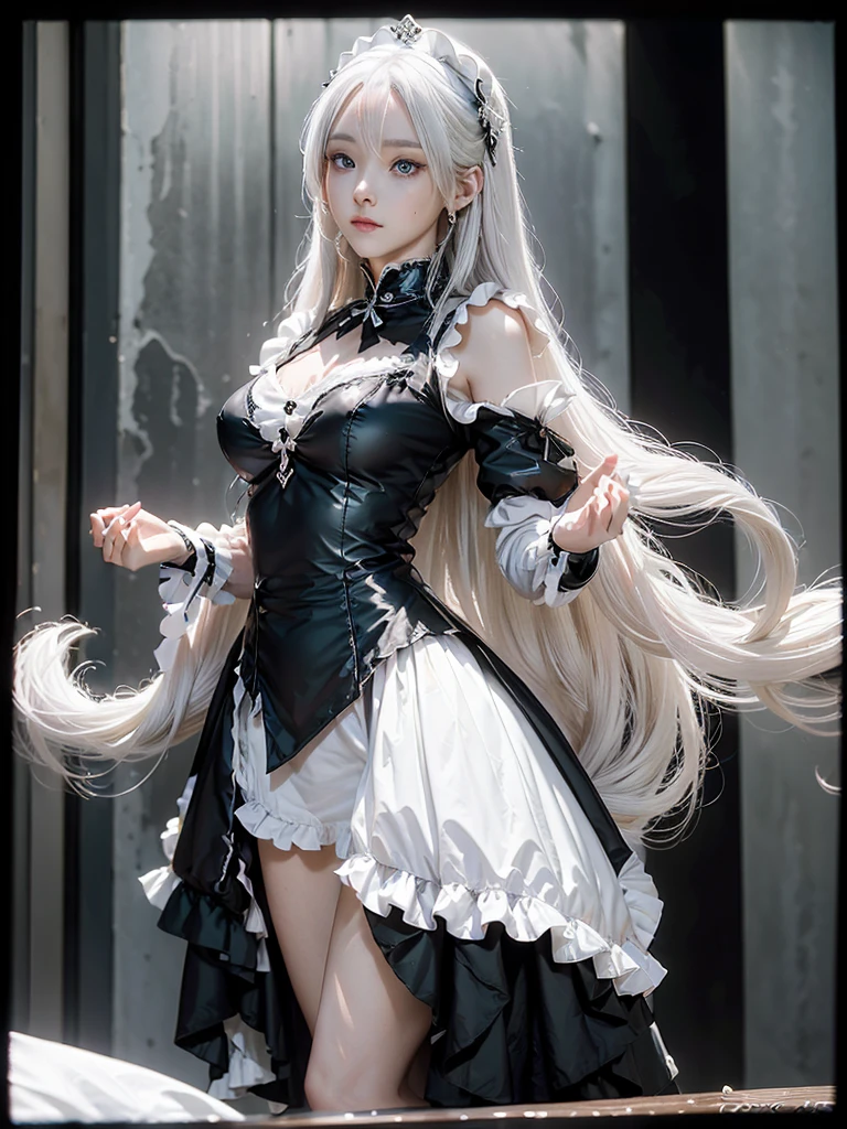 Cette femme, (Citoyenneté européenne: 1.2) Séance photo en costumes noir et blanc, Jeune fille! robe, アニメの女の子のCosplay, Anime girl portant un costume de femme de chambre, 華麗なるJeune fille, vêtements de femme de chambre, Cosplay photo, Cosplay, anime Cosplay, quelques poses mignonnes, merveille&#39;s Tempête&#39;un portrait captivant (cheveux blancs comme neige!), (visage de déesse), (posture élégante: 1.4), ambiance élégante, Ambiance noble, (Femme mature: 1.6) (cheveux blancs brillants: 1.5), (Yeux cyan: 1.4), (Filles&#39; école intermédiaire: 1.4), (白黒vêtements de femme de chambre: 1.1), (beauté incroyable, Détail avancé du visage:1.3),