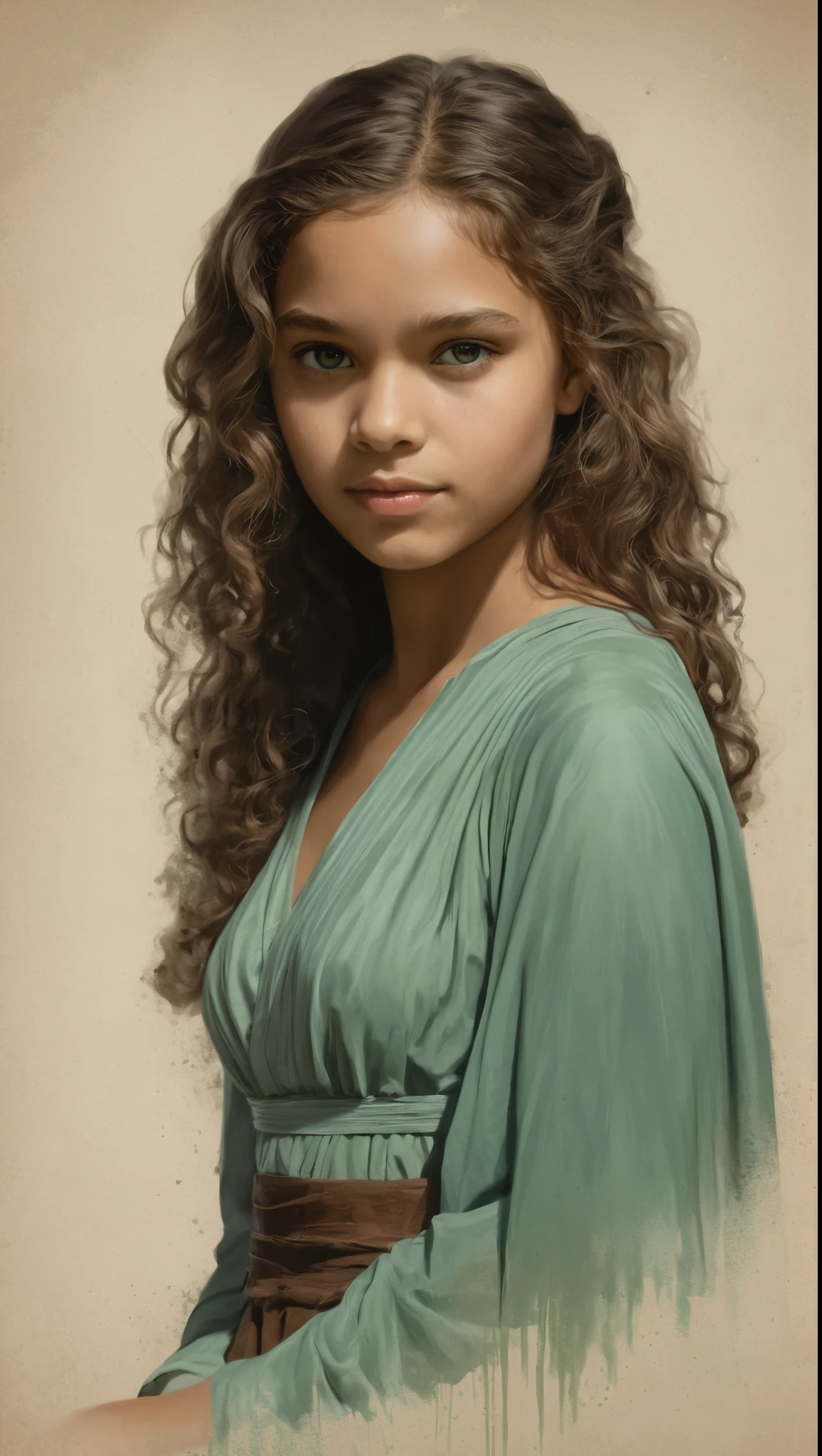 An illustrated movie poster, hand-drawn, full color, a young girl, wearing a chiton, resembles Mathilde Lando, warm brown complexion, jade green eyes, ashy hair, long loose curls, waist-length hair, posing on a pedestal, hard shadows, graphite shading, stencil marks, airbrushed acrylic paint, masterpiece, in the style of Game of Thrones