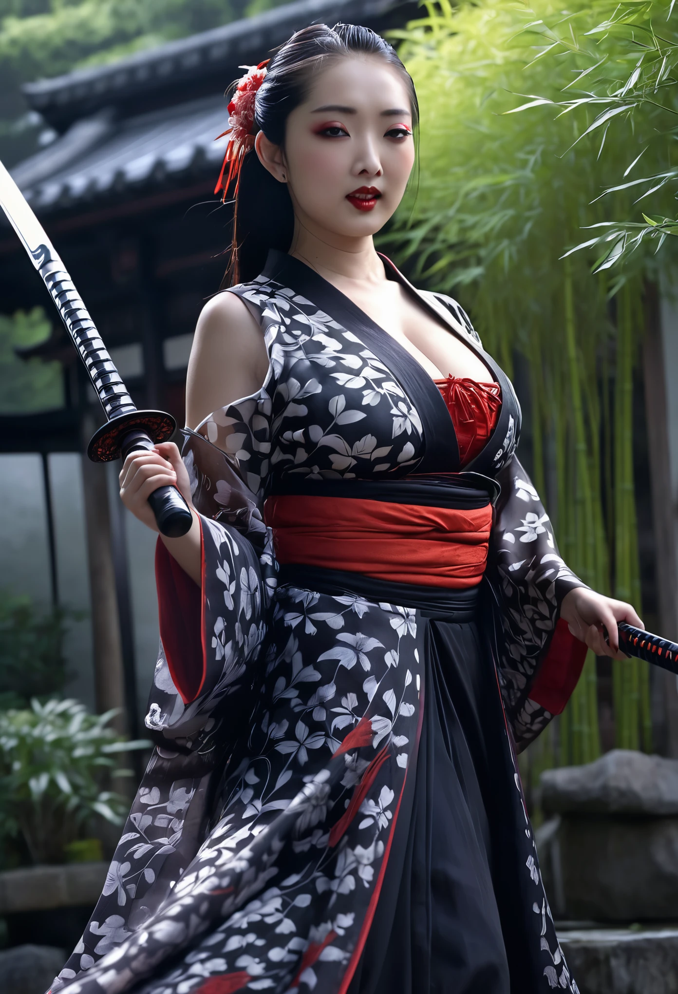 (best quality,4k,8k,highres,masterpiece:1.2),ultra-detailed,(realistic,photorealistic,photo-realistic:1.37),female a lesbian vampire sword master colorful translucent and sheer billowing dress flowing in the wind master crafted katana shining in the moonlight dancing gracefully, displaying her incredible skills set in a courtyard surrounded by lush greenery bamboo dummy targets arranged in a strategic formation shadows cast by the moonlight creating a mysterious atmosphere vibrant and contrasting colors adding life to the scene the vampire's sharp canines glistening as she smiles subtle yet impactful makeup enhancing her alluring beauty her piercing eyes filled with determination and elegance exquisite movements showcasing her mastery of the sword leaves rustling in the gentle breeze, adding a touch of serenity the vampire's long flowing hair swaying with each precise strike the sound of the katana slicing through the air, creating a mesmerizing harmony an aura of power and confidence radiating from the vampire's every move the moonlit sky casting a faint glow on the courtyard subtle hints of red, representing the vampire's thirst for blood the vampire's energy intertwining with the sword, emanating an ethereal glow the courtyard adorned with traditional Japanese elements, adding authenticity to the scene a sense of tranquility and intensity coexisting in perfect harmony the vampire's graceful silhouette emphasized by the billowing dress her fluid movements leaving a trail of energy and mystique the scene captured with meticulous attention to detail a combination of traditional and modern elements, creating a unique visual experience the courtyard bathed in moonlight, creating an enchanting atmosphere the vampire's presence commanding attention and admiration the katana's blade reflecting the vampire's refined craftsmanship the courtyard surrounded by an aura of secrecy and mystery the vampire's dance as a celebration of her love for both beauty and battle the sound