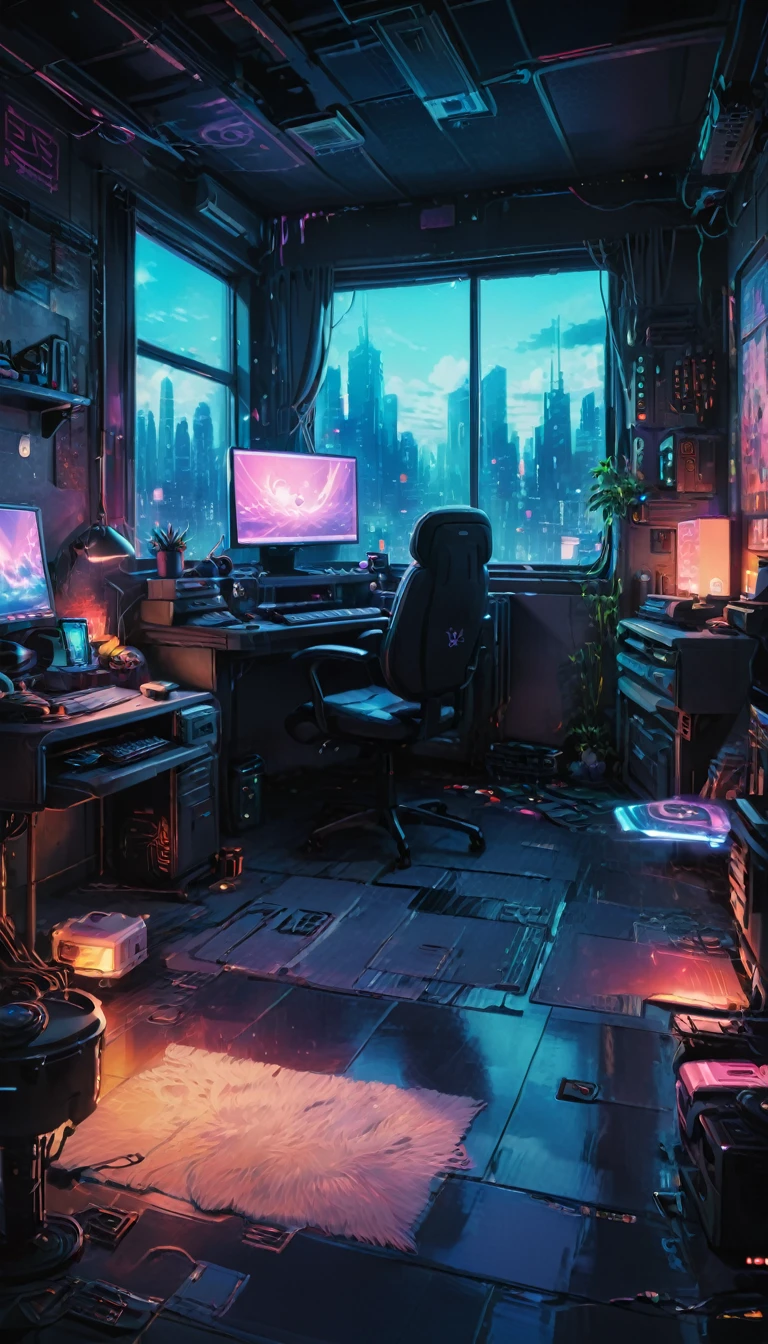 anime bedroom with a desk and a chair and a window, anime background art, anime background, anime vibes, anime scenery, lofi artstyle, personal room background, cyberpunk setting, anime aesthetic, stunning art style, cozy environment, lofi art, anime art wallpaper 4k, anime art wallpaper 4k, relaxing environment, cozy wallpaper, amazing wallpaper, perfect picture 8k,