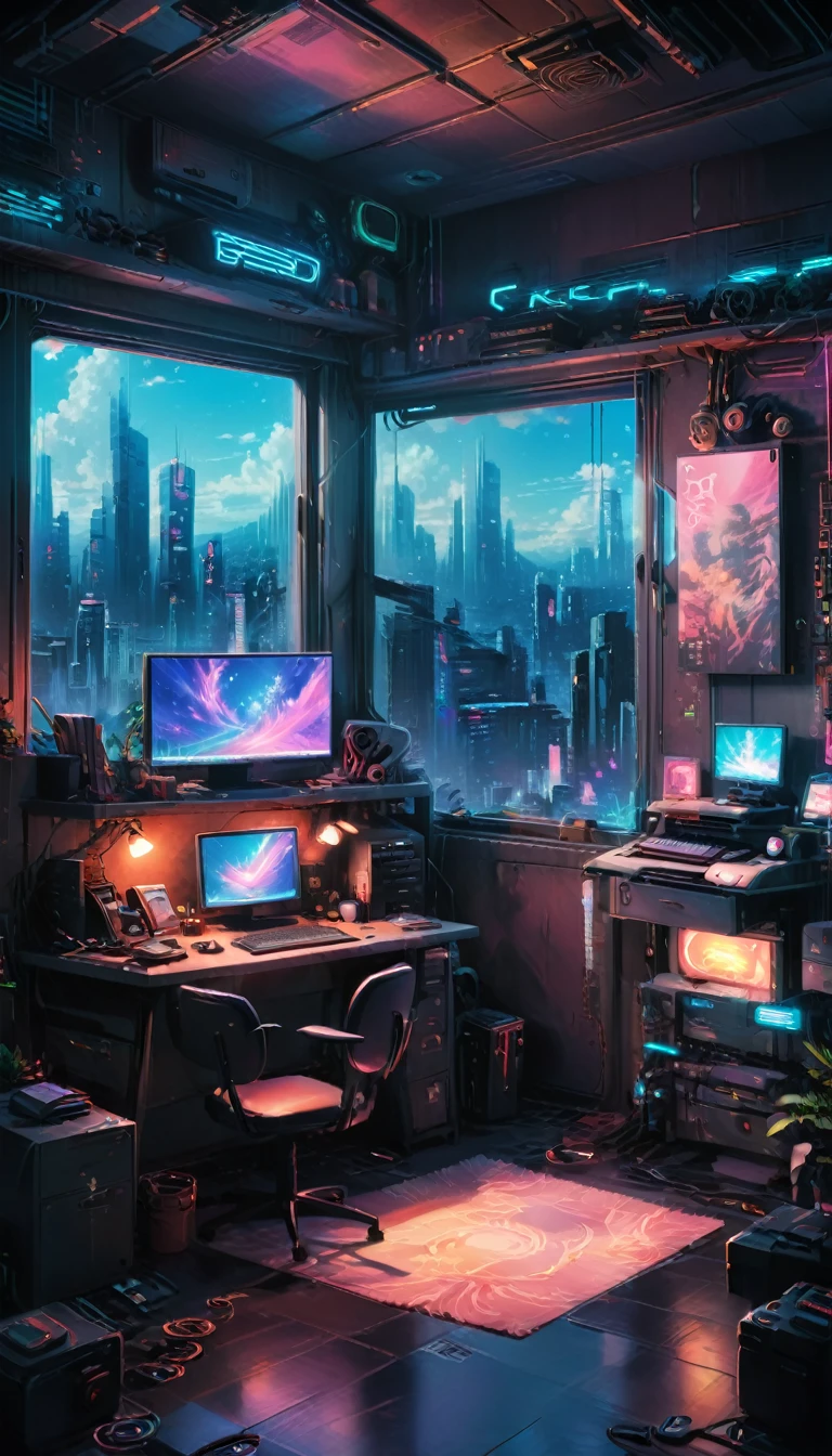 anime bedroom with a desk and a chair and a window, anime background art, anime background, anime vibes, anime scenery, lofi artstyle, personal room background, cyberpunk setting, anime aesthetic, stunning art style, cozy environment, lofi art, anime art wallpaper 4k, anime art wallpaper 4k, relaxing environment, cozy wallpaper, amazing wallpaper, perfect picture 8k,