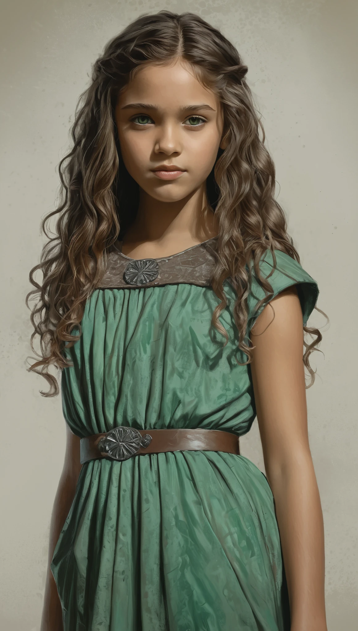 An illustrated movie poster, hand-drawn, full color, a young girl, wearing a chiton, warm brown complexion, jade green eyes, ashy hair, long loose curls, waist-length hair, posing on a pedestal, hard shadows, graphite shading, stencil marks, airbrushed acrylic paint, masterpiece, in the style of Game of Thrones