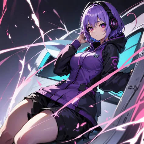 short hair、Girl with purple hair, Blue and red odd eyes,Highest image quality,Wear headphones