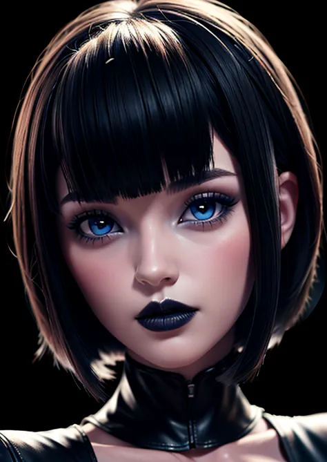 solo face beautiful, blue eyes detailed , gothic makeup, dark lips voluminous , short hair with bangs  style bob, image 1.2 disp...