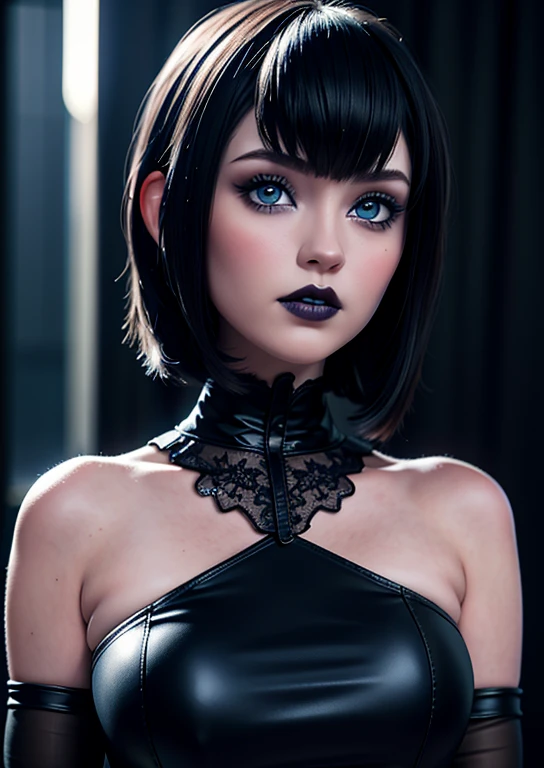 Solo face beautiful, blue eyes detailed , gothic makeup, dark lips voluminous , short hair with bangs  style bob, image 1.2 display high resolution 12k great supernatural beauty perfect detailed photography cgi , perfect lighting, wallpaper fanart Stunning girl 