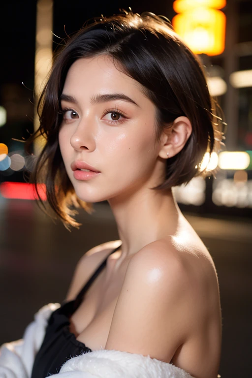 8k, masterpiece, RAW photo, best quality, photorealistic, extremely detailed CG unity 8k wallpaper, Depth of field, Cinematic Light, Lens Flare, Ray tracing, (extremely beautiful face, beautiful lips, beautiful eyes), intricate detail face, ((ultra detailed skin)) 1girl (highest resolution, distinct_image) best quality, 1girl, Tokyo street,night, cityscape,city lights, upper body, cleavage 8k, RAW photo, best quality, masterpiece,realistic, photo-realistic, medium shot, half body, short hair, black dress