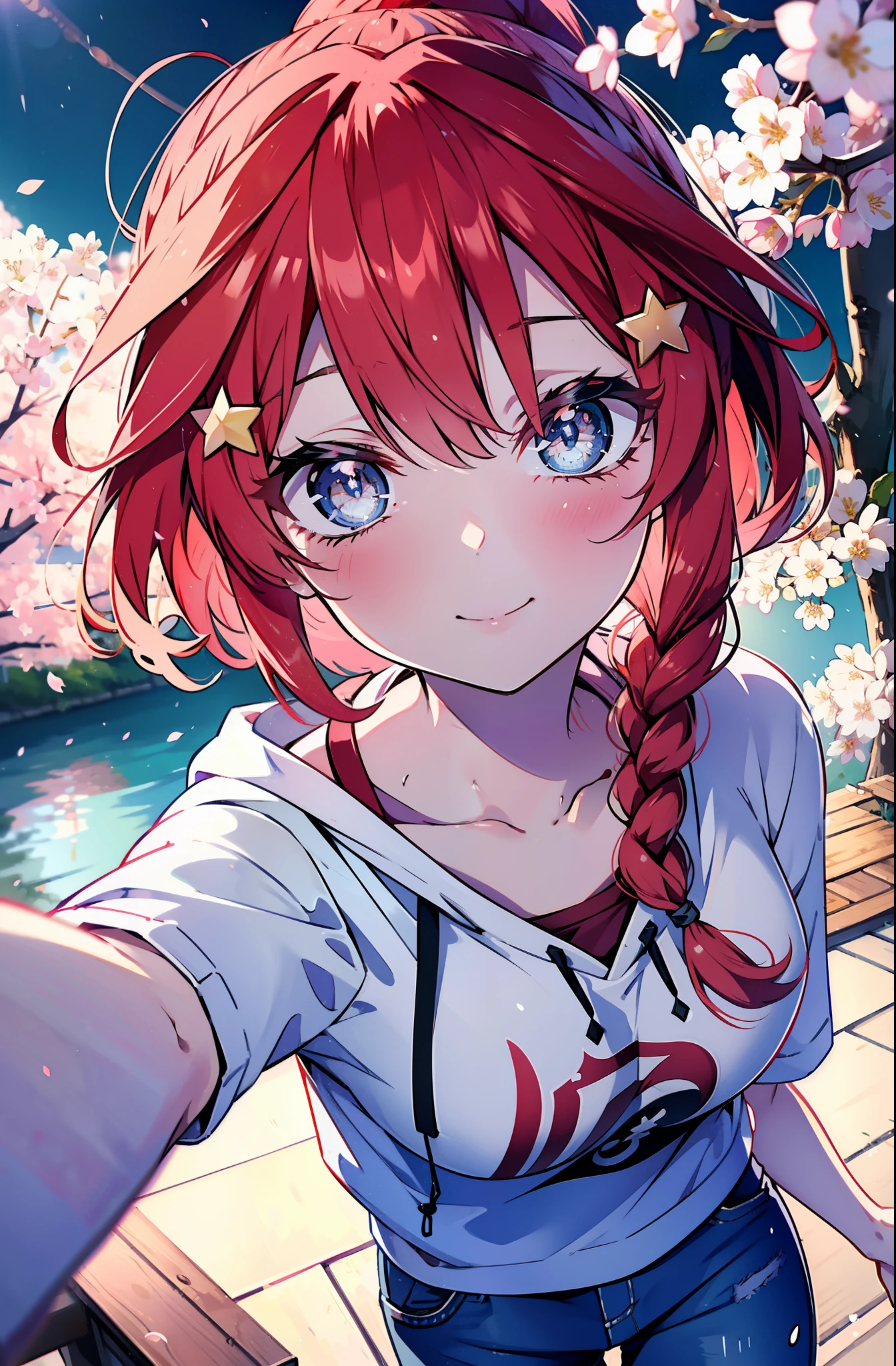 itsukinakano, itsuki nakano, bangs, Blue eyes, hair between eyes, Ahoge, redhead, star \(symbol\), hair ornaments, star hair ornaments,short braided hair,Ponytail happy smile, smile, open your mouth,happy smile, smile, open your mouth,Red short sleeve hoodie,short denim pants,Black high top sneakers,cherry blossoms are blooming,Cherry blossoms are scattered,Cherry blossom tree-lined path,walking,
BREAK outdoors, 公園
BREAK looking at viewer,whole body, (cowboy shot:1.5),
BREAK (masterpiece:1.2), highest quality, High resolution, unity 8k wallpaper, (figure:0.8), (detailed and beautiful eyes:1.6), highly detailed face, perfect lighting, Very detailed CG, (perfect hands, perfect anatomy),
