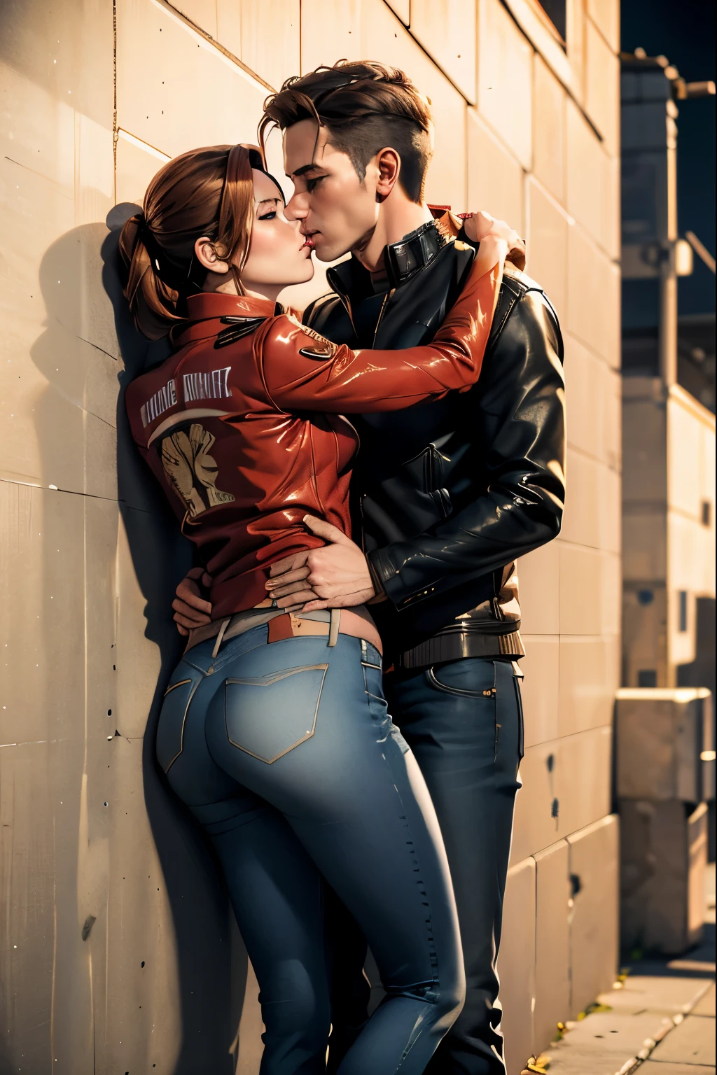 (masterpiece, best quality), 1girl and 1 man, claireredfield2, wear jeans, kiss the man , girl back, the man is pressing girl against the wall