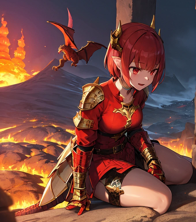 Girl, dragon girl, drake armour, revealing armour (not too revealing), Greatsword, fire, volcano background.