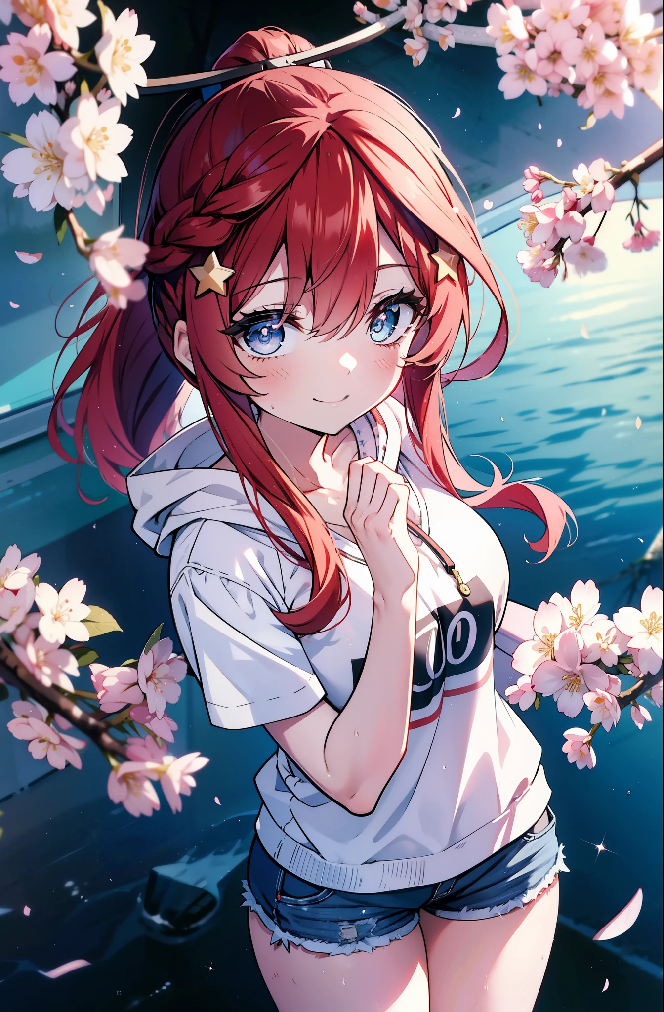 itsukinakano, itsuki nakano, bangs, Blue eyes, hair between eyes, Ahoge, redhead, star \(symbol\), hair ornaments, star hair ornaments,short braided hair,Ponytail happy smile, smile, open your mouth,happy smile, smile, open your mouth,Red short sleeve hoodie,short denim pants,Black high top sneakers,cherry blossoms are blooming,Cherry blossoms are scattered,Cherry blossom tree-lined path,walking,
BREAK outdoors, 公園
BREAK looking at viewer,whole body, (cowboy shot:1.5),
BREAK (masterpiece:1.2), highest quality, High resolution, unity 8k wallpaper, (figure:0.8), (detailed and beautiful eyes:1.6), highly detailed face, perfect lighting, Very detailed CG, (perfect hands, perfect anatomy),