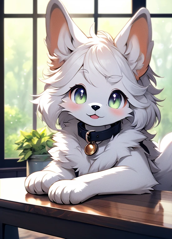 (by qupostuv35:1.0), (by siroc:0.7) female, (Detailed face), [(thin:1.1) : : (Border Collie):4], (Detailed face), (more detail, detailed background:1. 1), lush eyelashes, tail, soft smile, puppy, looks at camera with tilted head, shoulder, broad-shouldered blouse, portrait, black puppy eyes, collar ID, no humans, photo \(medium\), black and white fur, (all four), front paws on coffee table, window in background and a wooden table, furaffinity trend, furry artwork, a 3D render, furry art