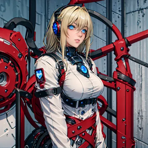 There is a woman in a robot suit posing next to an ancient building, Beautiful white girl half cyborg, Cute cyborg girl, Beautif...