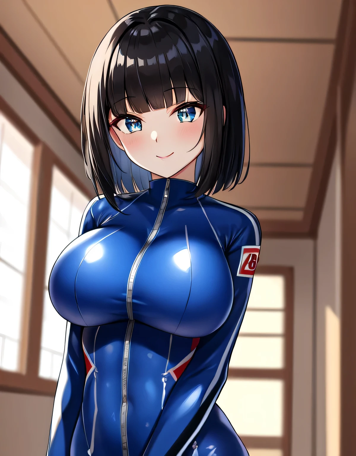 (large breasts:1.5),shiny,hair,((solo)),((masterpiece)),((best quality)),perfect anatomy,slim waist,perfect image,8k UHD,(beautiful detailed eyes:1.5),extremely detailed face,standing,(upper body:1.1),(look at the front:1.1),arms behindback,ultra-detailed,absurdres,highres,(shiny hair),(shiny racing suit:1.3),(shiny),indoor hall,((sensitive smile)),black hair,((blunt bangs)),medium hair,