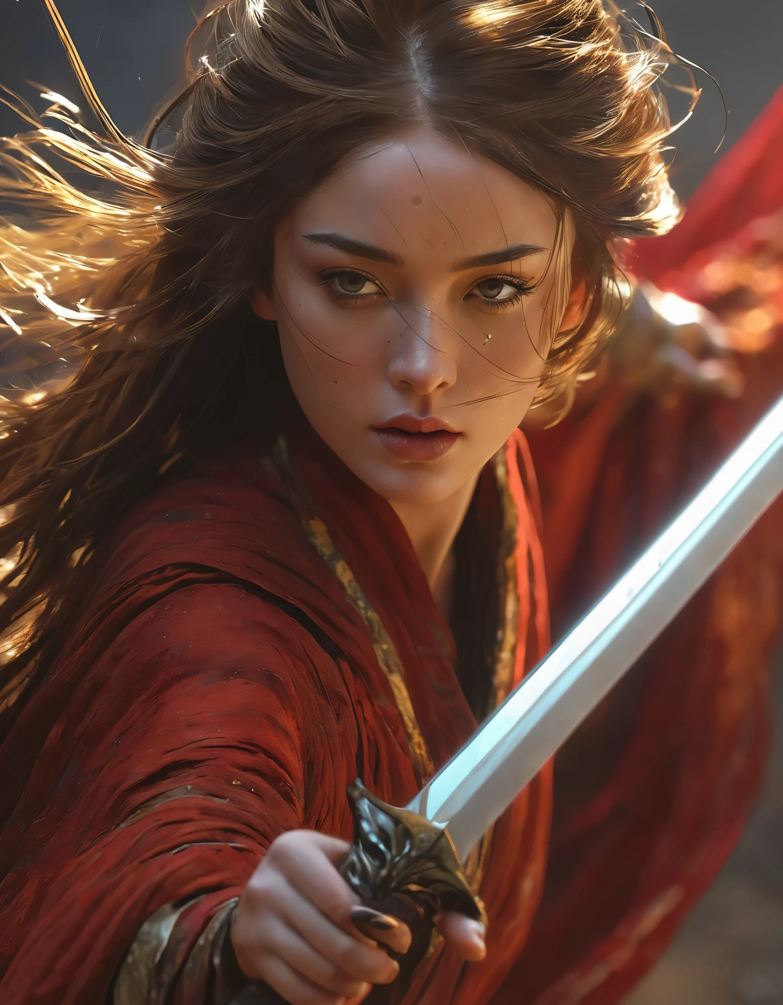 ultra high resolution,(((masterpiece))),(((best quality))),((super detailed)),((extremely delicate and beautiful)),cinematic light,detailed environment,(real),(1girl, solo, male focus:1.3),(holding sword:1.2),(dark red and light gold:1.3),(hair pulled back, floating hair:1.1),designed by greg manchess,smoke,a model woman,bright eyes,glossy lips,futuristic gold face war paint,trending on art station,photoreal,8 k,octane render by greg rutkowski,art by Carne Griffiths and Wadim Kashin,in the style of Dau-al-Set,Pollock,and inspired by MAPPA and Zdzislaw Beksinski,hanfu,