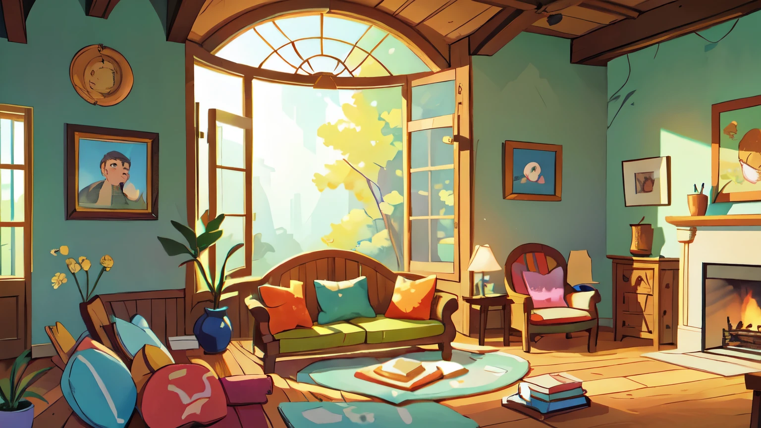 ((bright cartoon background)) of a Living room inside, from the inside, brightly lit, sun rays shining through the windows, forest outside, arched wooden door with patterns, arched passage, semicircular ceiling, fabulous paving stone floor, walls partly made of wood, many flowers inside, the room is woven with homemade flowers, antique sofas, armchairs, windows in the ceiling, sunlight shining through the windows, a semicircular wooden door, a cabinet with pottery and dishes with Khokhlama painting, paintings hanging on the walls, a fireplace near one of the walls.