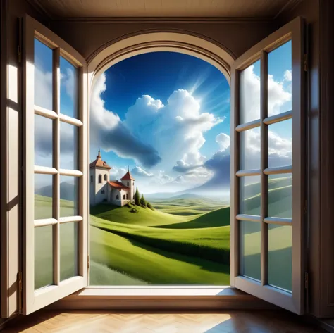 an open window in the room, a fantastic surreal landscape outside the window