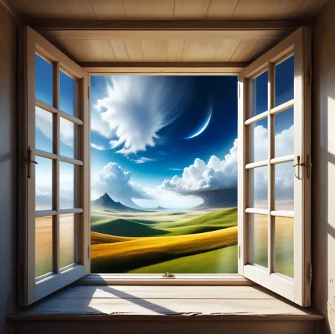 an open window in the room, a fantastic surreal landscape outside the window