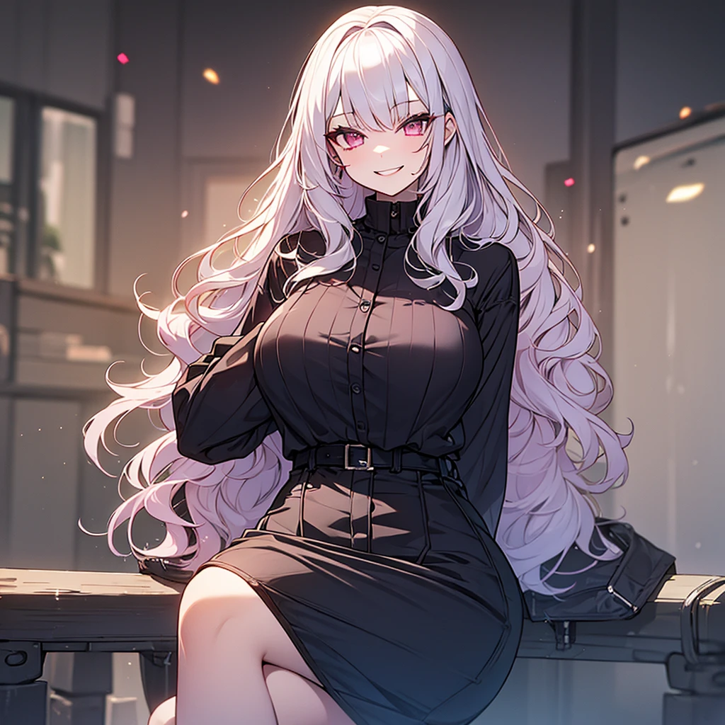  highest quality、silver hair、slanted eyes、pink eyes、pale skin、vampire、Black long sleeve knitted outfit、big breasts、short skirt、knee high boots、sexy、冷酷なsmile、murderous intent、Insanity、cruel、attack、darkness、Ahe face、red nails、smile