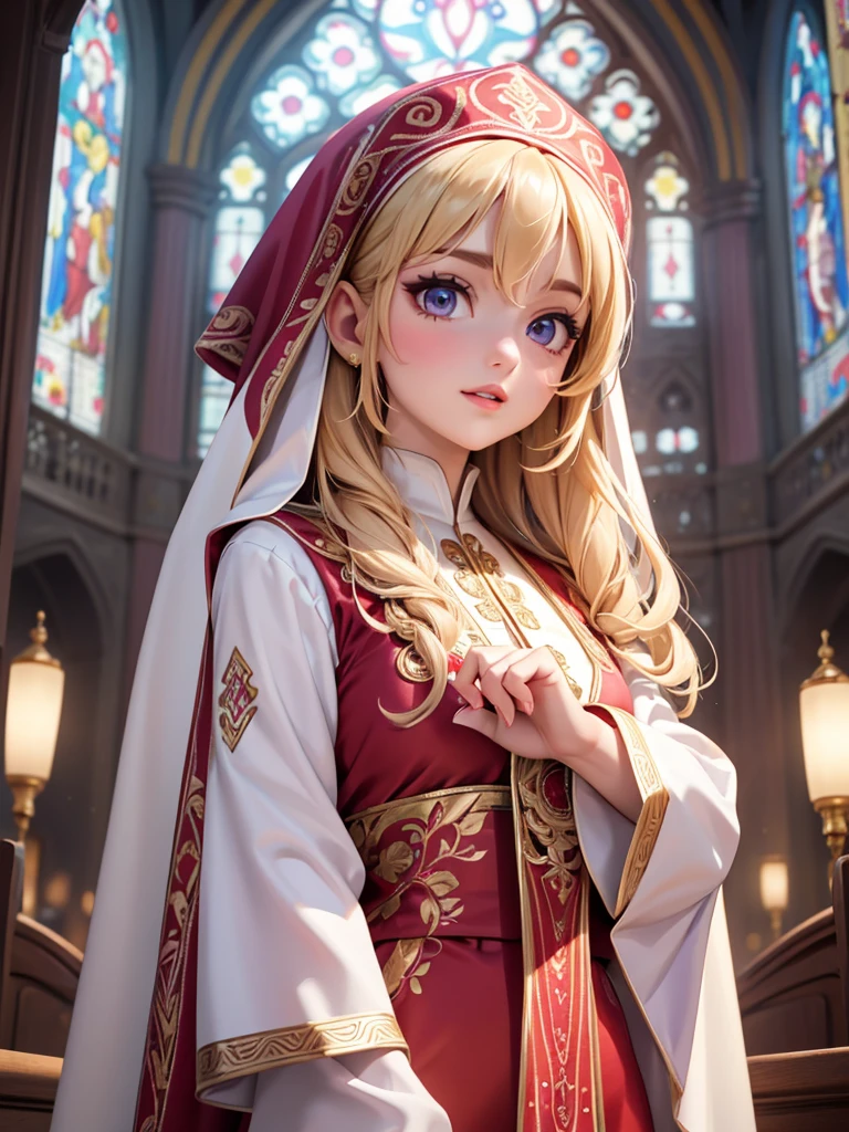 (best quality,4K,8K,high resolution,masterpiece:1.2),Super detailed,actual,Beautiful and delicate bright purple eyes,Beautiful and delicate deep red lips,extremely detailed face,super long hair,1 girl,Beautiful blonde girl,Wearing a red nun costume,Platinum nun&#39;s headscarf,(gold ornaments),pink luminous pattern,Gold pattern,(complex pattern:1.4), Lovely,attractive,church, portrait, delicate eyes