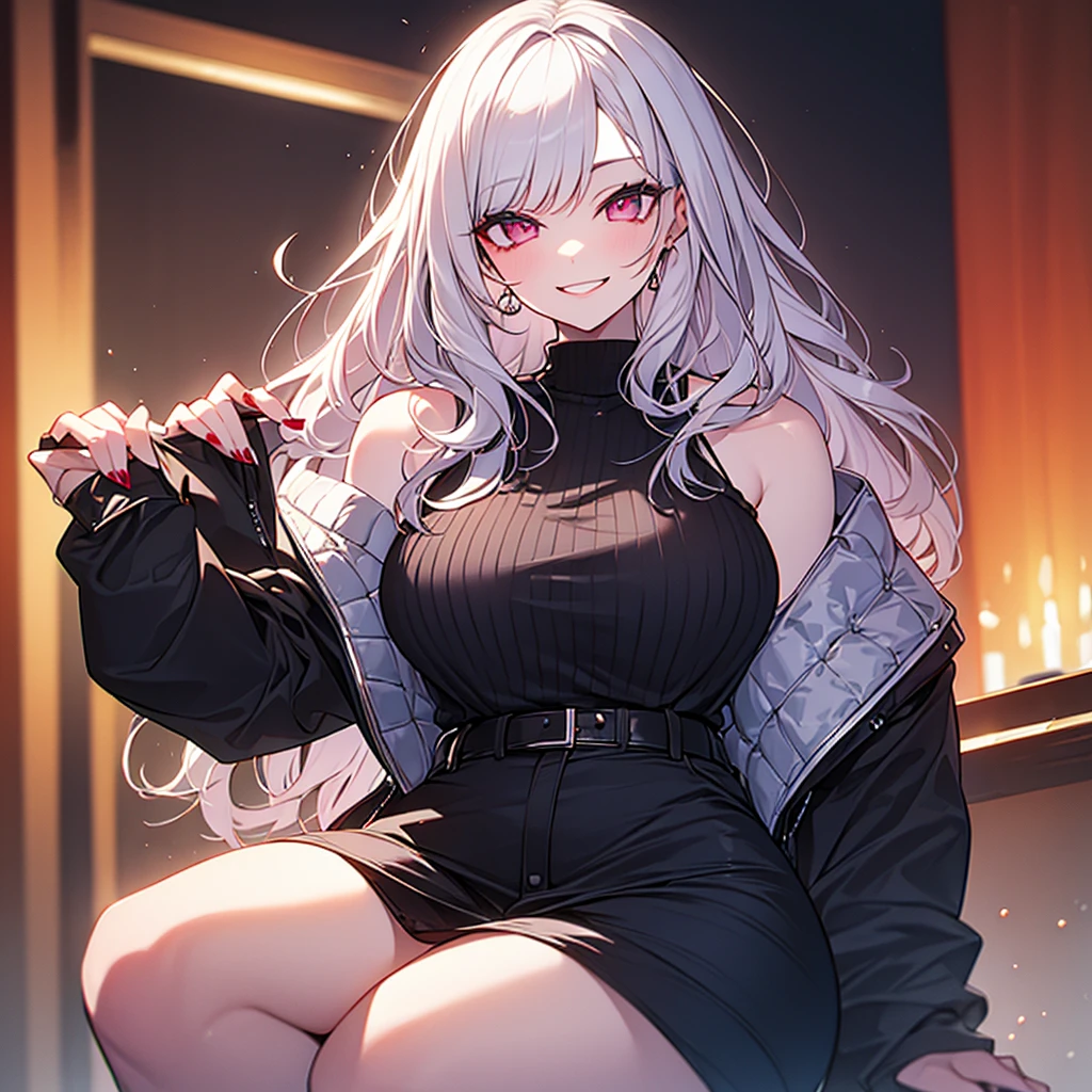  highest quality、silver hair、straight hair、slanted eyes、pink eyes、pale skin、vampire、Black long sleeve knitted outfit、big breasts、short skirt、knee high boots、sexy、冷酷なsmile、murderous intent、Insanity、cruel、attack、darkness、Ahe face、red nails、smile