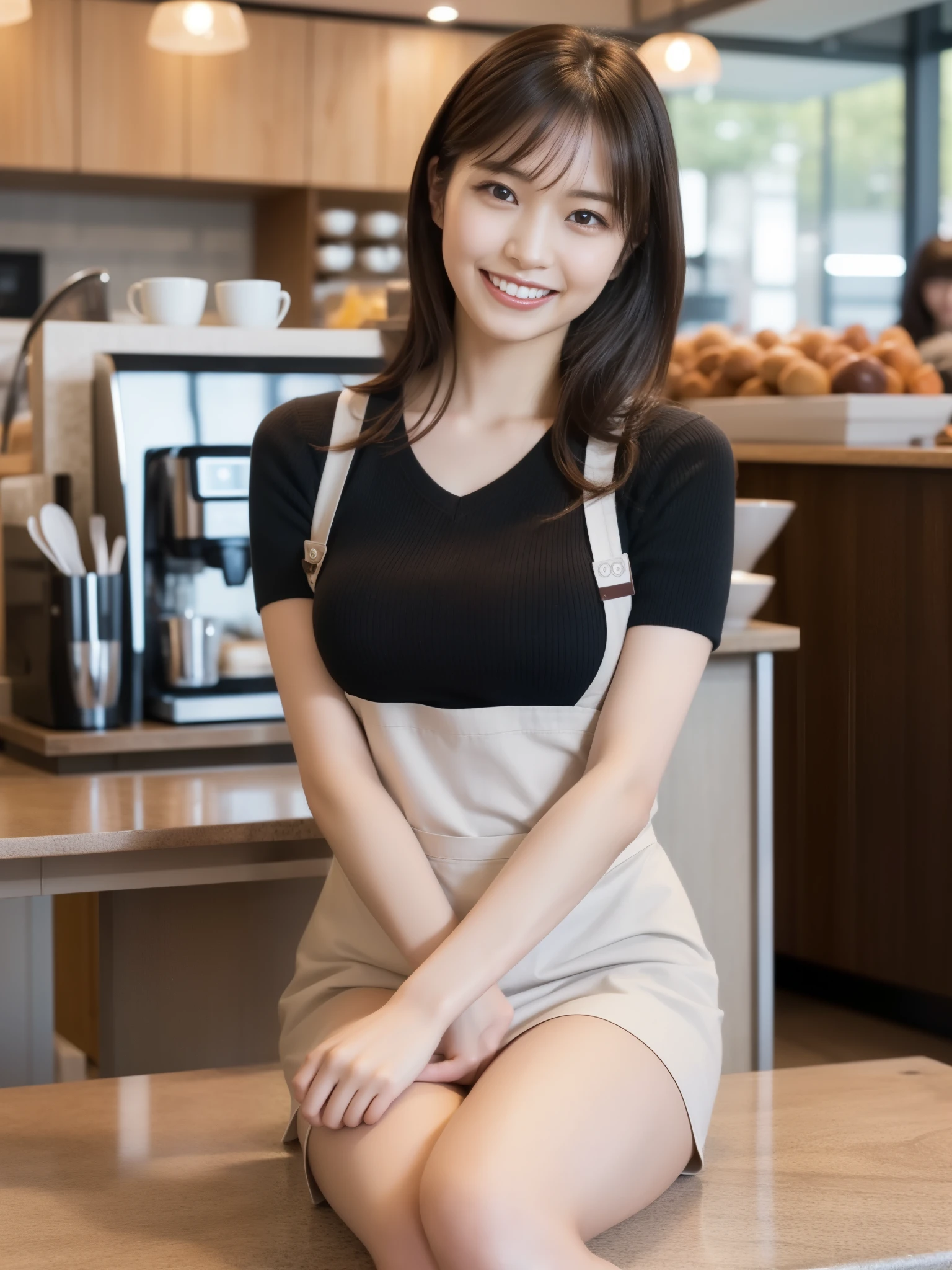 In 8K,highest quality:1.4, ultra high resolution:1.5, (realistic:1.4),masterpiece:1.2,(highest quality:1.4)、 Raw photo、 １japanese girl、 cute、medium breasts:1.5、 (alone:1.8)、kitchen、 (shy smile:1.3), smooth skin、30 years old:1.5、beautiful black eyes、natural skin texture:1.3, Realistic eye and face details:1.8、 (brown medium hair,bangs), (touch hair:1.4)、Nogizaka、cute colorful apron、cafe clerk、supple fingertips、beautiful black eyes、natural skin texture:1.3, Realistic eye and face details:1.7、look at the audience、full body shot:1.8、beautiful feet、gravure、attractive girl、thighs、Are standing、coffee